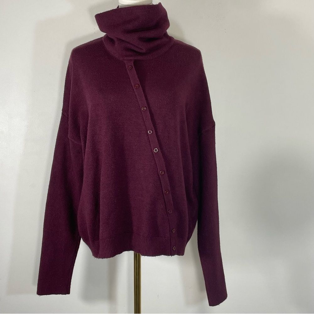 Evolution by Cyrus Cowl Neck w Asymmetrical Button Maroon Purple Sweater Size L